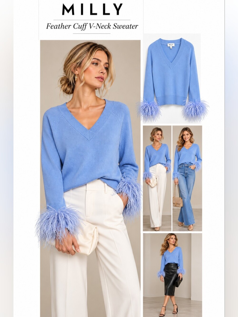 MILLY Light Blue Feather Cuff V-Neck Sweater Small Wool Cashmere Ostrich